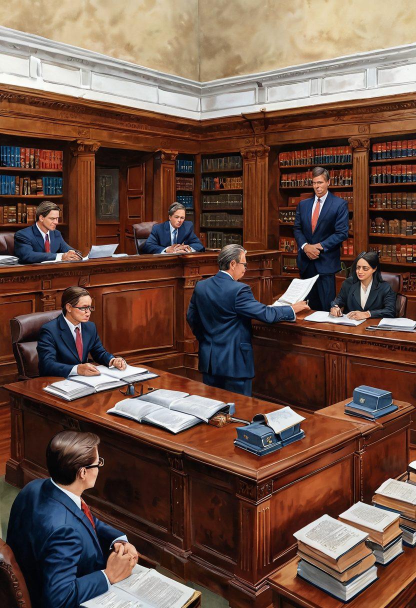 A detailed illustration of the Texas legal system, featuring a diverse group of lawyers discussing cases in a bustling law office filled with books and legal texts. In the background, iconic Texas landmarks like the State Capitol are visible, symbolizing the state's judicial authority. Incorporate legal symbols such as scales of justice and gavel artfully integrated into the design. The scene is lively and informative, inviting the viewer to engage with the world of law. vibrant colors. super-realistic.