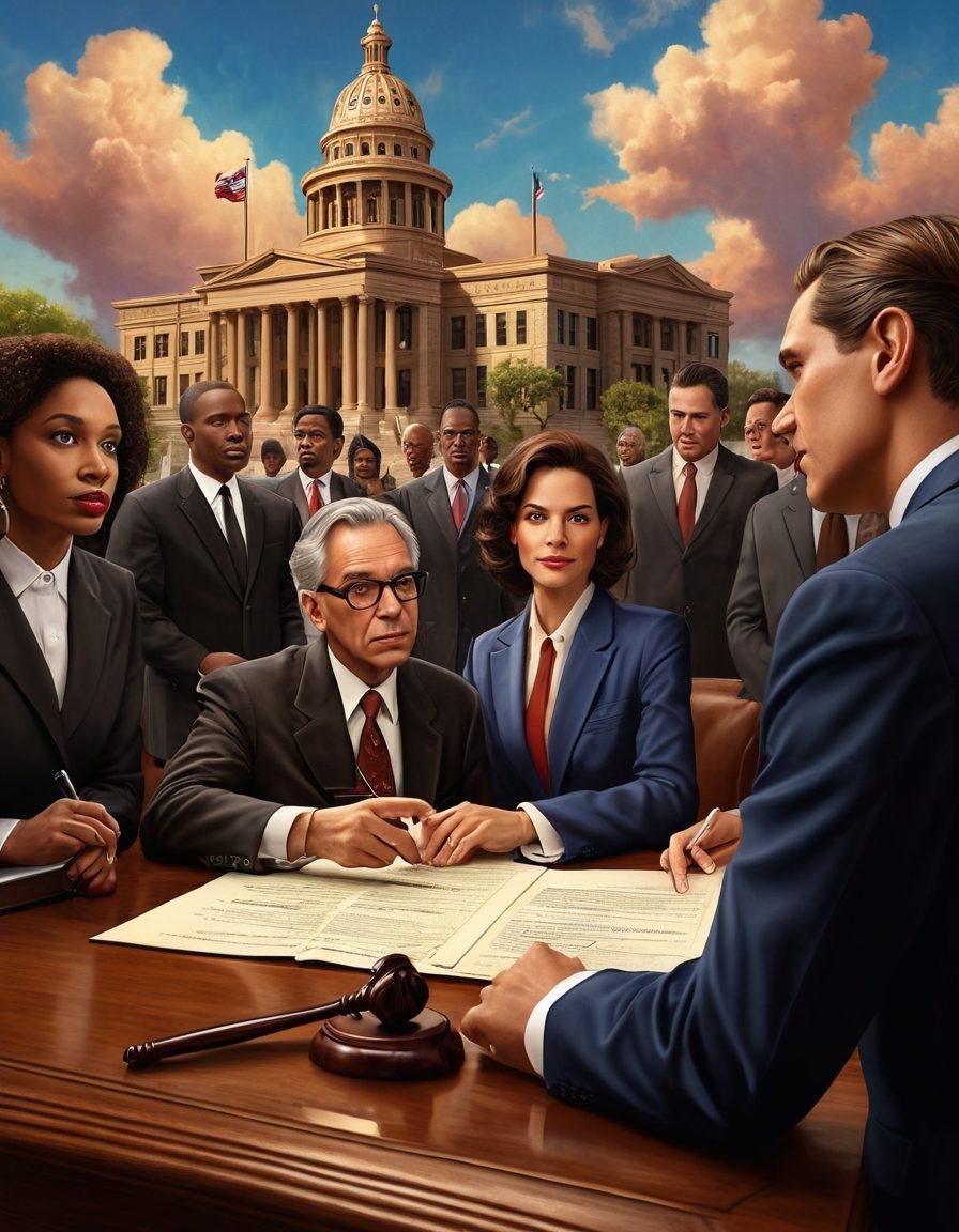A diverse group of people discussing legal documents in a Texas-themed setting, with iconic Texas landmarks in the background. Include family members, a lawyer, and symbols representing criminal and civil rights like scales of justice and a gavel. The scene should convey a sense of collaboration and support in navigating legal challenges. super-realistic. vibrant colors. 3D.