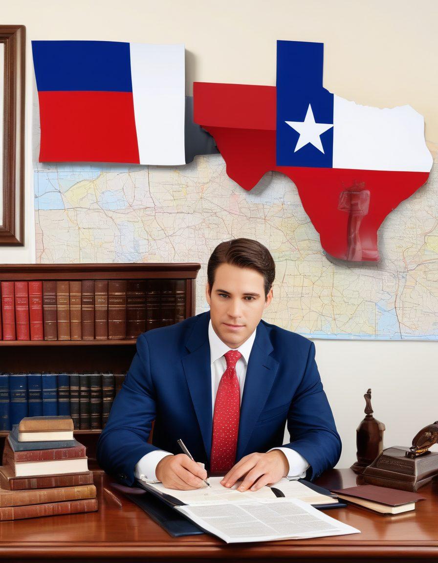 An informative collage showcasing a Texas law firm office, with an attorney providing legal advice to a client, legal books on a shelf, the Texas flag hanging prominently in the background, and a map of Texas with various legal resources highlighted. The scene conveys professionalism and warmth, suggesting both advice and representation. super-realistic. vibrant colors. white background.